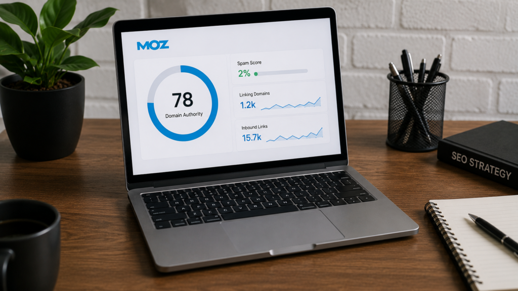 Laptop displaying a domain authority and backlink analysis dashboard with SEO metrics, linking domains, and performance indicators, representing the Moz Domain SEO Analysis Tool for website evaluation.