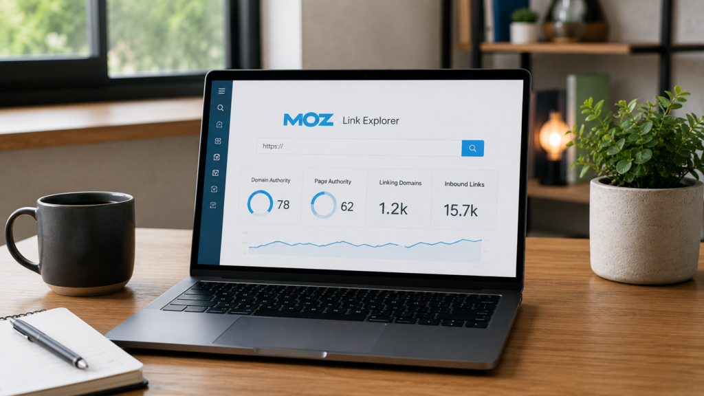 Realistic workspace featuring Moz Link Explorer on a laptop screen with page authority, domain authority, and backlink metrics for SEO analysis.