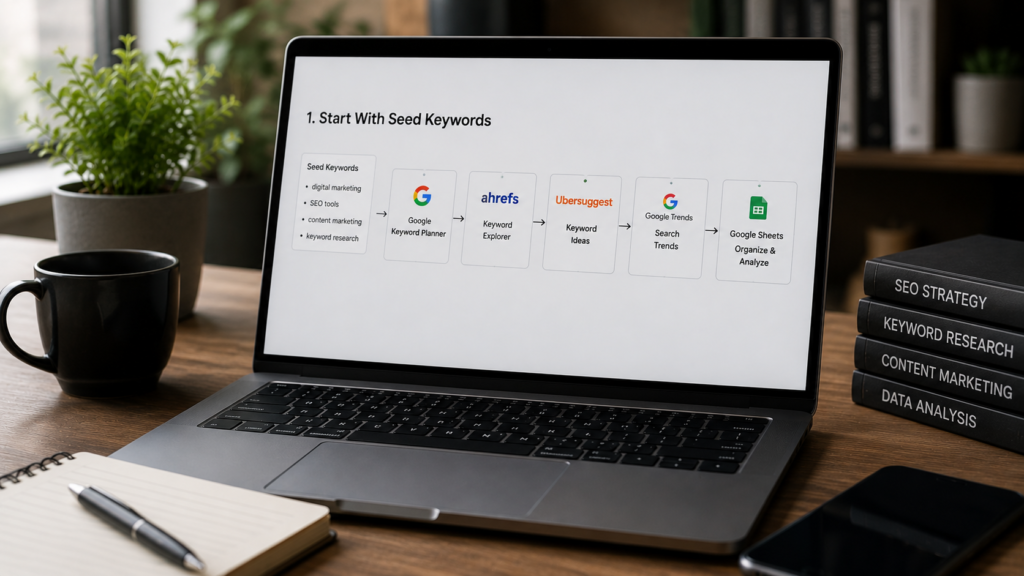 Realistic SEO workspace showing a multi-tool keyword research workflow beginning with seed keywords and progressing through keyword research and analysis tools on a laptop screen.