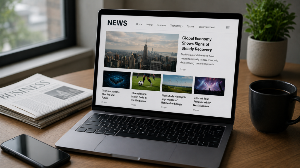 Laptop displaying a digital news website beside newspapers on a modern desk, representing online news and content publishing for SEO.