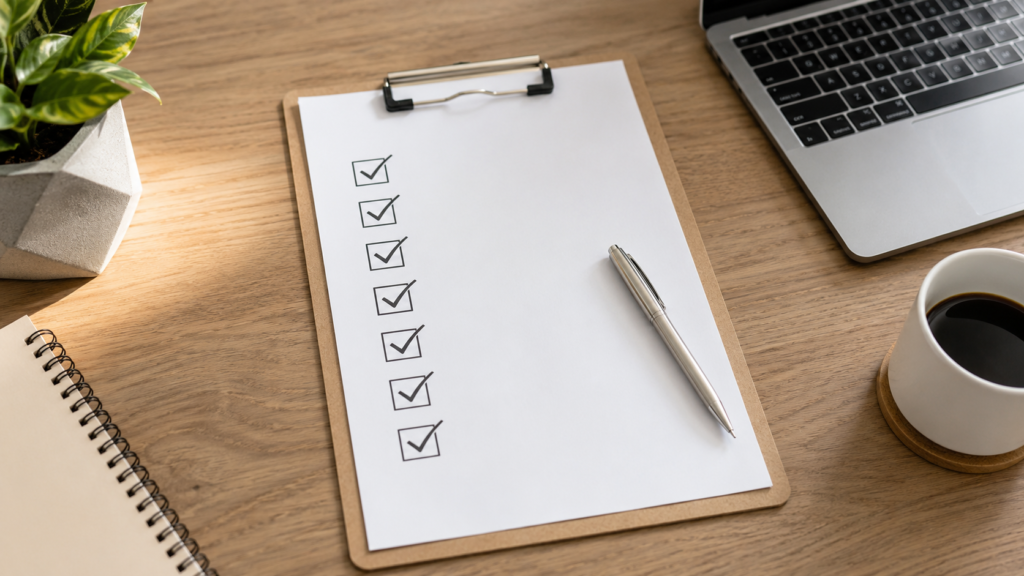 Realistic workspace featuring a guest posting checklist, laptop, coffee, and office accessories representing organized niche outreach, content planning, and SEO link-building preparation.