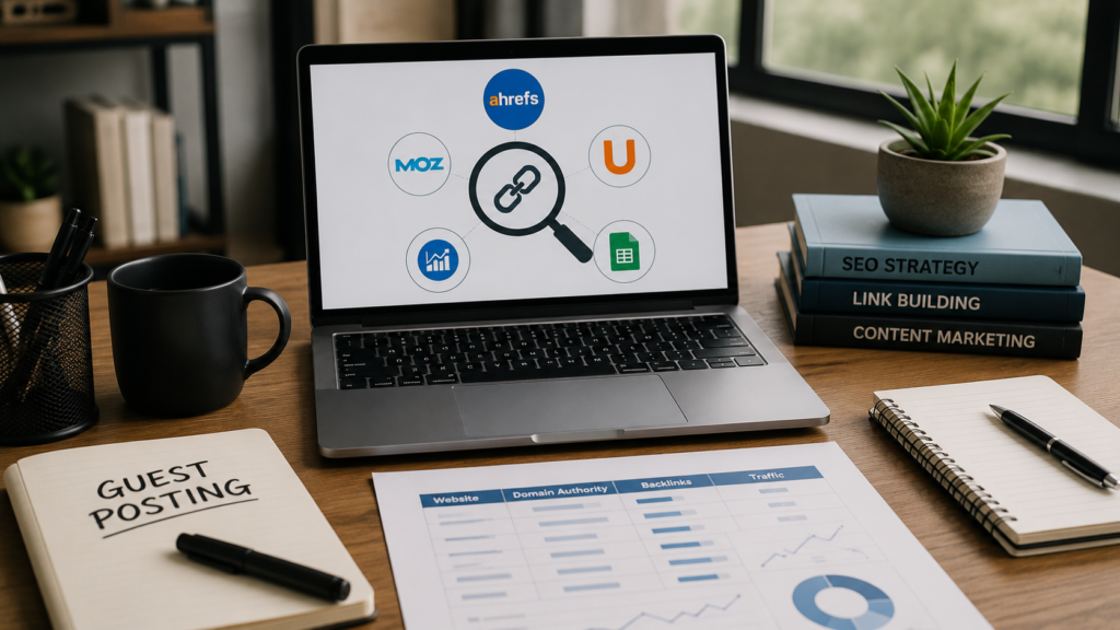 Realistic office workspace with a laptop displaying SEO research tools and analytics, representing guest posting research, backlink analysis, domain authority evaluation, and content outreach planning.