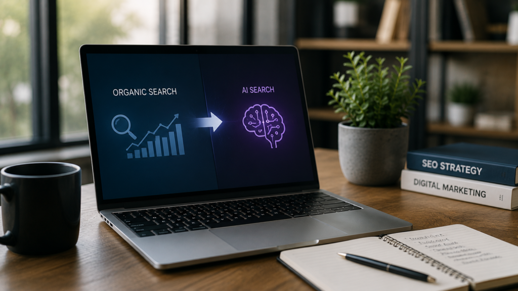 Realistic laptop displaying the transition from organic search analytics to AI-powered search insights, illustrating the evolution of search technology in a modern workspace.
