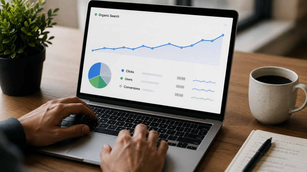 Realistic laptop displaying an organic search analytics dashboard with traffic trends, clicks, user metrics, and SEO performance graphs in a professional workspace.