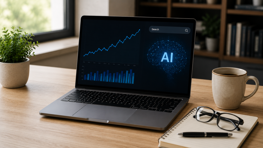 Laptop displaying rising organic traffic analytics alongside an AI-powered search interface, illustrating the relationship between organic search growth and emerging AI search trends in digital marketing.