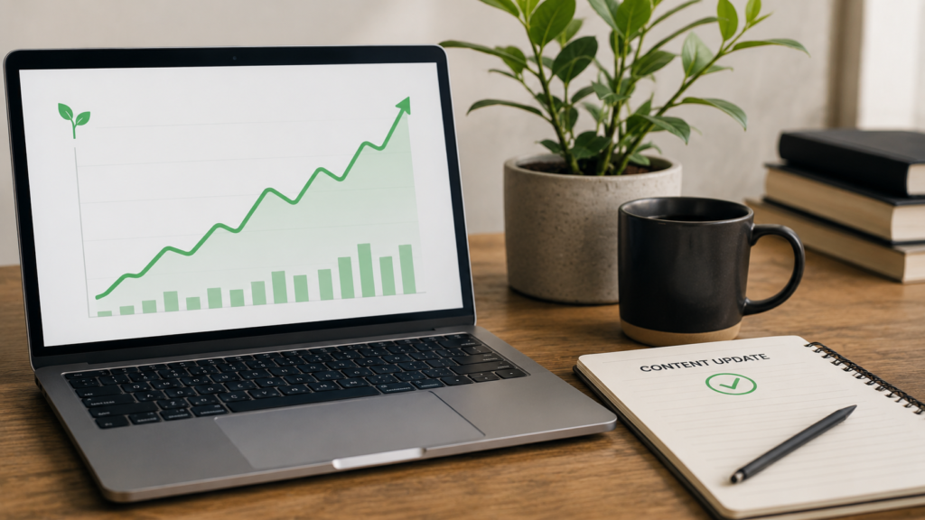 Realistic workspace with a laptop displaying rising organic traffic analytics and updated content, illustrating how fresh content improves SEO performance and organic search visibility.