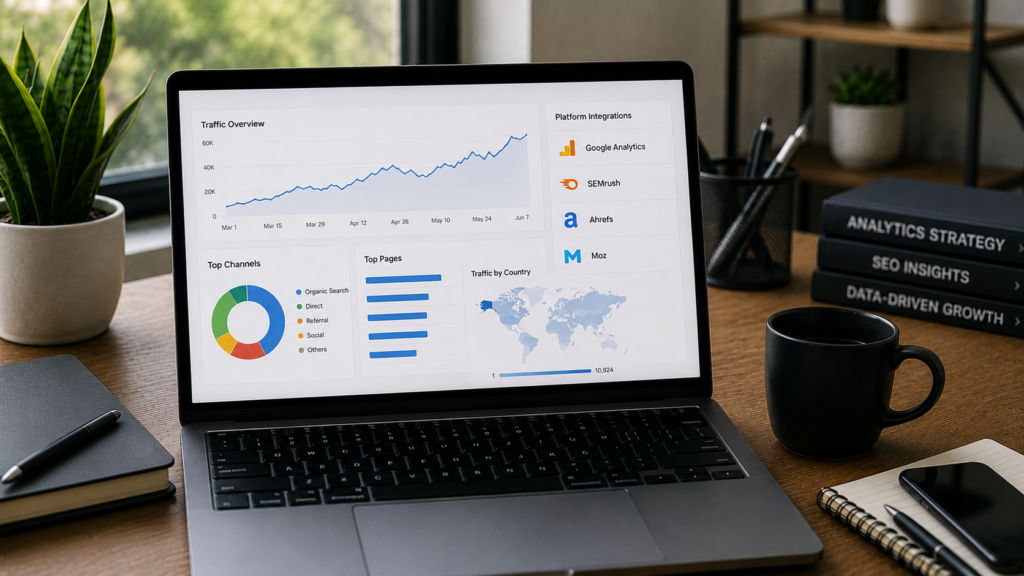 Laptop displaying an organic traffic analytics dashboard with traffic sources, geographic data, and SEO performance metrics, representing the use of third-party analytics platforms to monitor and evaluate website search traffic.