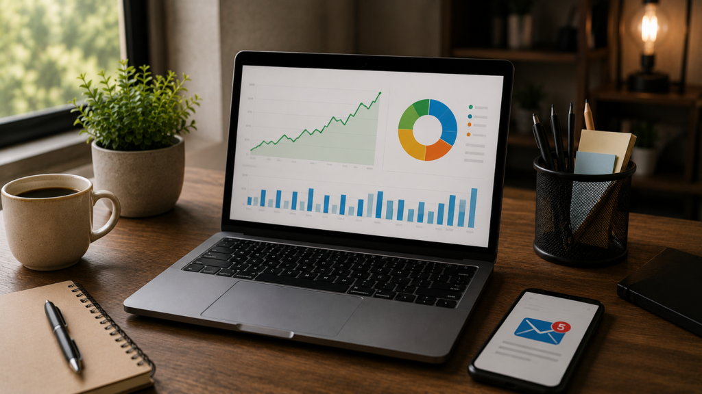 Laptop displaying website traffic growth analytics beside a smartphone with email notifications, illustrating how email marketing and customer retention strategies contribute to sustained organic traffic growth.