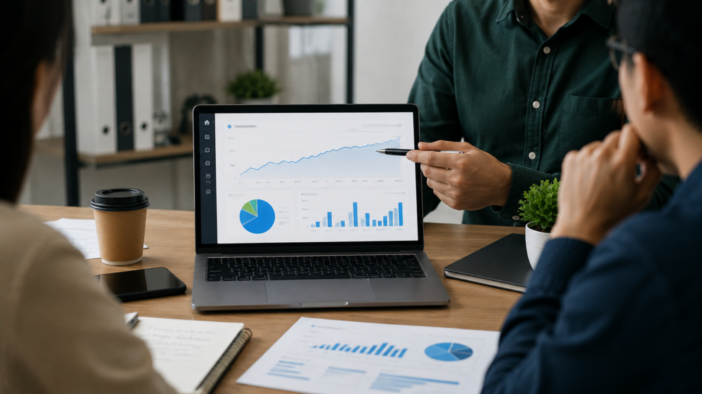 Realistic marketing team reviewing an organic traffic performance report on a laptop during a collaborative SEO meeting with analytics dashboards and growth metrics.