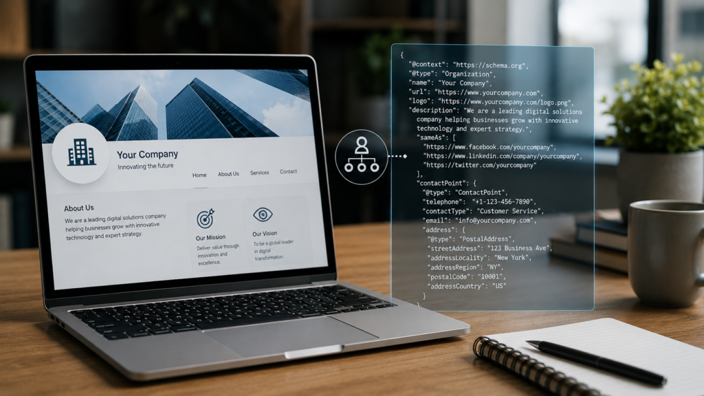 Photorealistic modern office workspace with a laptop displaying an organization website alongside Organization Schema Markup (JSON-LD), illustrating structured business information for improved SEO and search visibility.