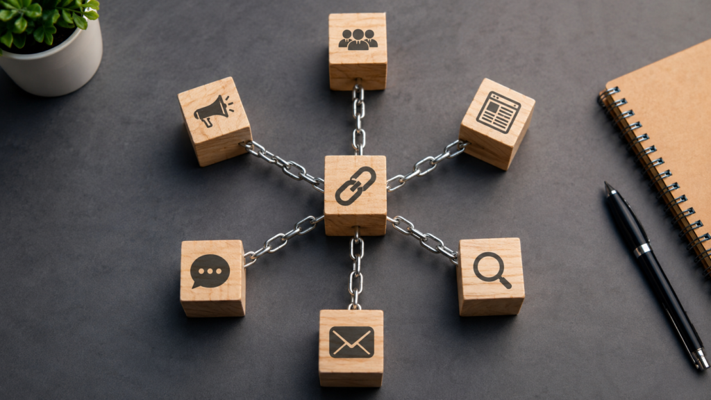 Realistic visual showing different link building types connected through a central website with natural networking elements, representing backlinks, outreach, content, and authority in SEO.