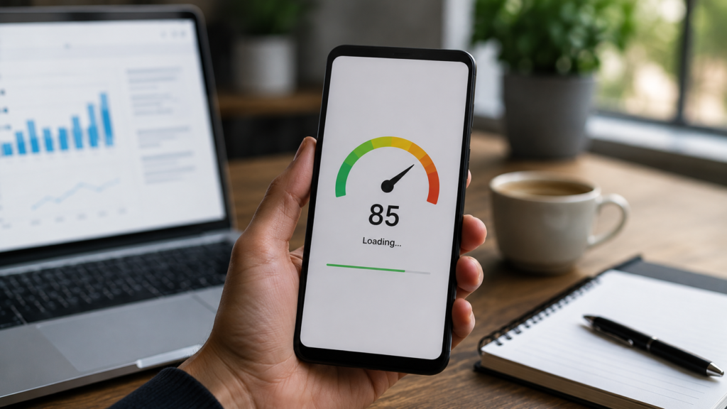 Realistic smartphone displaying a mobile page speed test beside a laptop, illustrating the importance of fast mobile page loading for SEO and user experience.