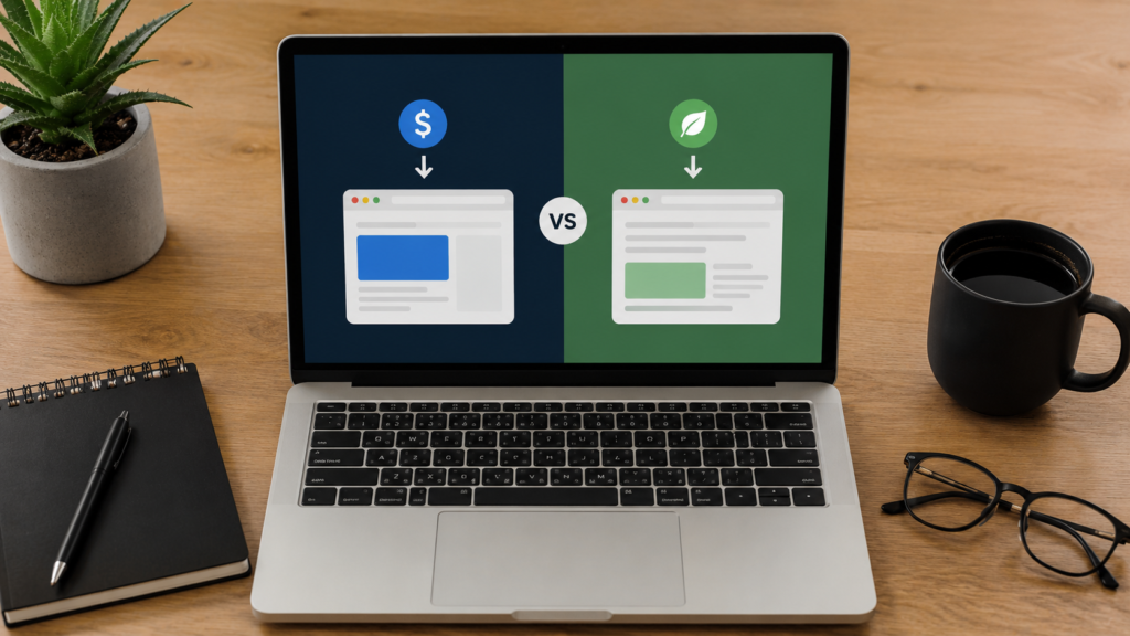 Realistic comparison of paid traffic and organic traffic shown on a laptop screen with a clean modern workspace representing digital marketing and SEO strategies.