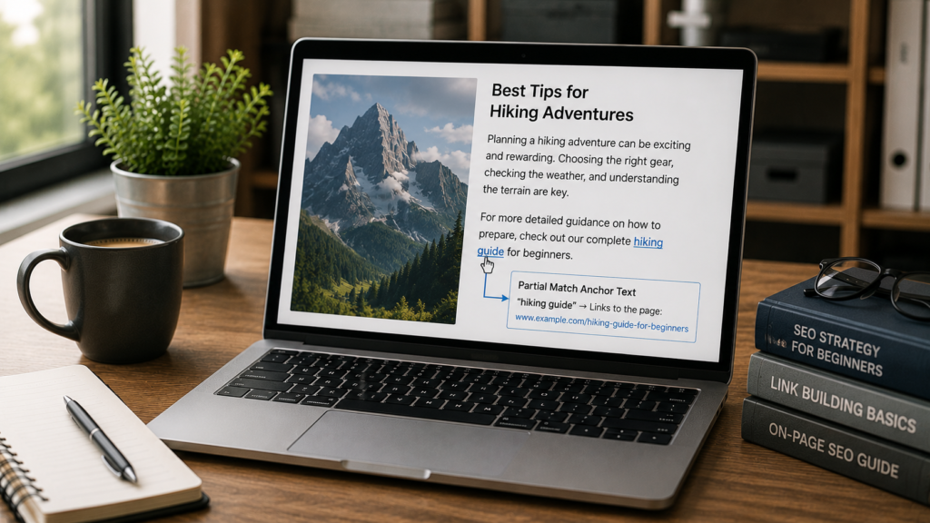 Realistic SEO workspace with a laptop demonstrating partial match anchor text within webpage content, illustrating how descriptive anchor phrases naturally link to relevant pages while supporting SEO best practices