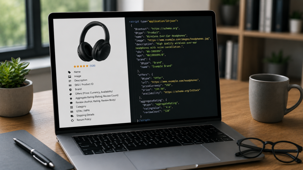 Photorealistic ecommerce workspace with a laptop displaying a product page and Product Schema Markup, highlighting key properties such as product name, image, price, availability, brand, SKU, ratings, and reviews for SEO.
