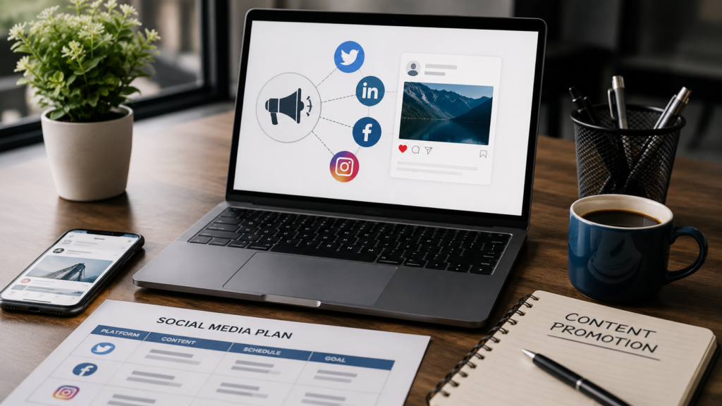 Realistic modern workspace with a laptop displaying social media sharing and content promotion visuals, representing strategies for promoting guest posts across multiple social media platforms.