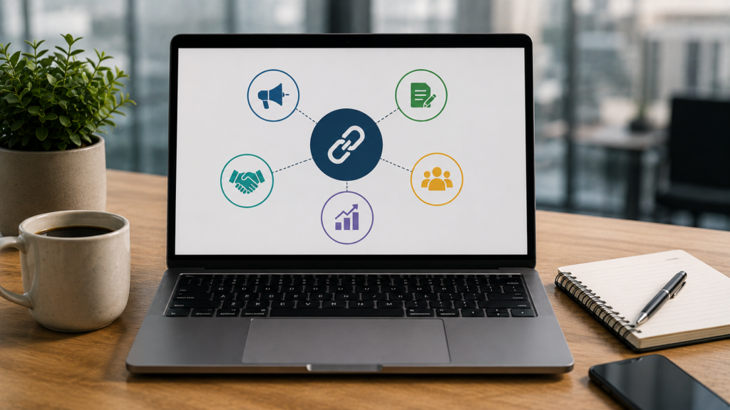 Realistic modern office workspace with a laptop displaying proven link building strategies, outreach planning, and SEO growth metrics for building high-quality backlinks in 2026.