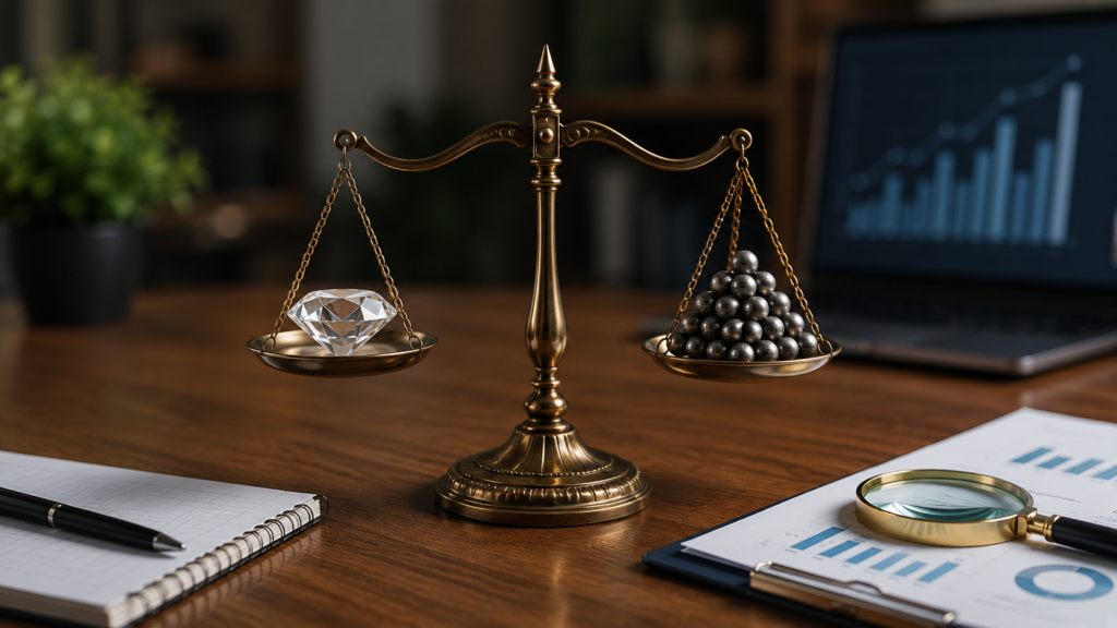 Realistic office desk featuring a balance scale comparing one high-value item against many lower-value items, illustrating the concept of quality versus quantity in SEO, content strategy, and backlink building.