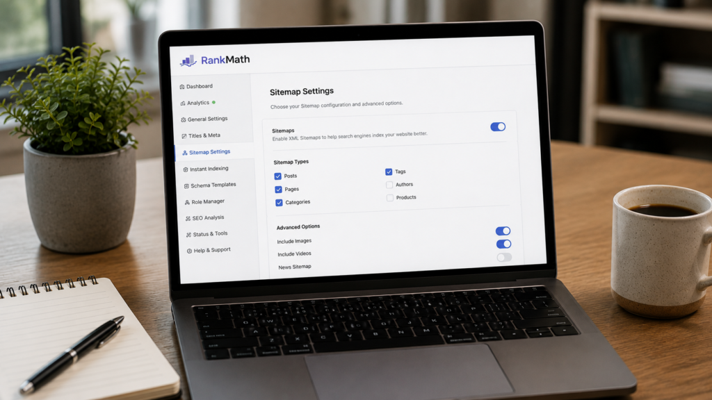 Laptop displaying Rank Math sitemap settings with advanced configuration options for XML sitemaps, image sitemaps, and SEO management.