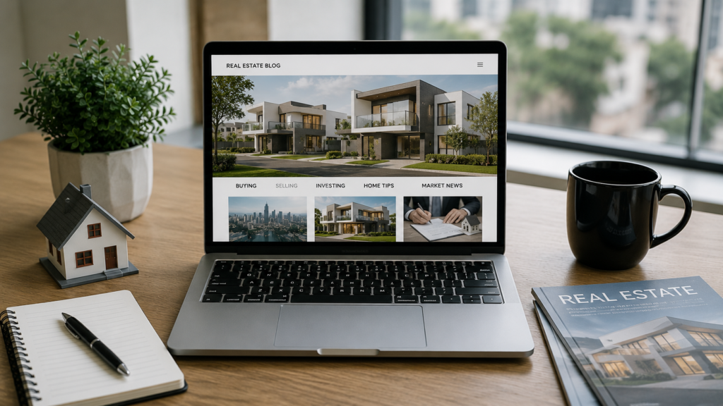 Realistic modern office workspace with a laptop displaying a real estate blog, model house, notebook, and property magazine, representing guest posting opportunities for real estate websites and property marketing.