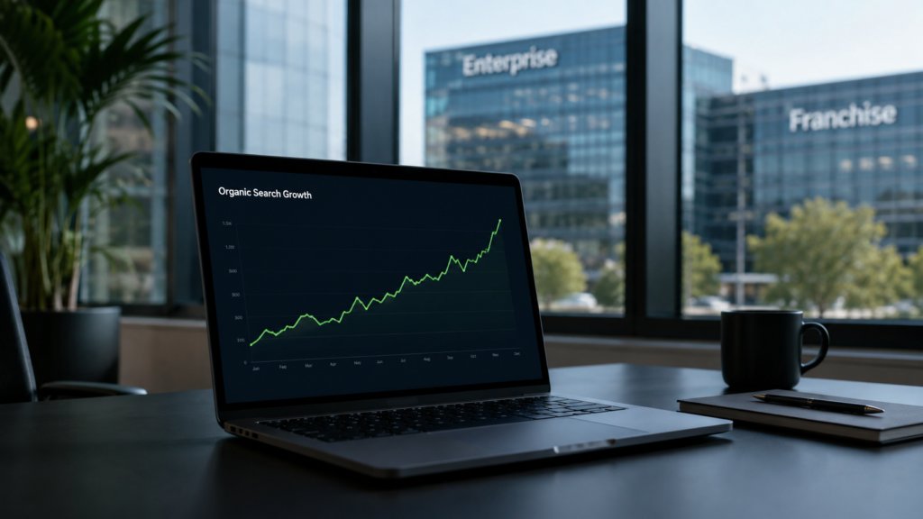 Realistic office workspace showing organic search growth analytics for enterprise and franchise brands on a laptop screen.