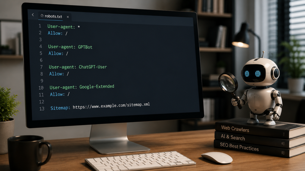 Photorealistic developer workspace featuring a robots.txt file on a monitor with AI crawler user-agent rules, illustrating how robots.txt manages access for AI and search engine crawlers.