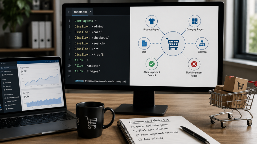 Photorealistic ecommerce workspace showing a robots.txt configuration for a large online store with product pages, category pages, analytics dashboard, and crawl management for enterprise SEO.