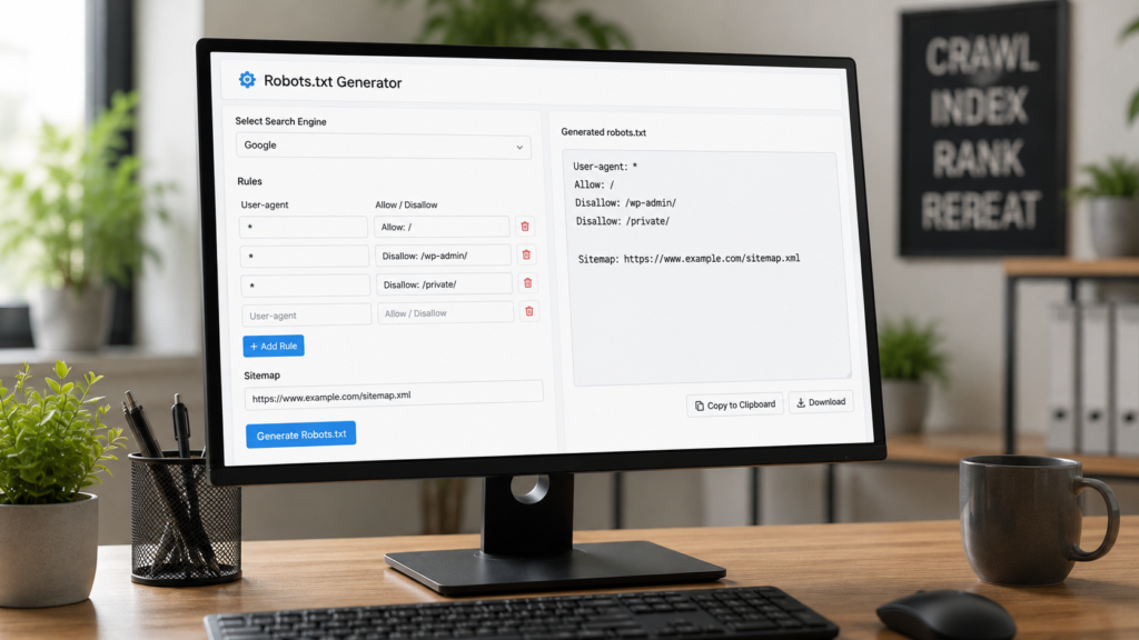 Photorealistic desktop monitor displaying a robots.txt generator tool with crawl rule settings and generated robots.txt output for website SEO optimization.