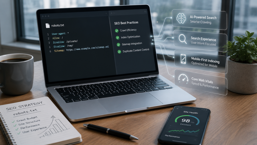 Realistic modern workspace featuring a laptop with a robots.txt file alongside AI search, mobile-first indexing, Core Web Vitals, and SEO optimization visuals representing modern SEO trends.