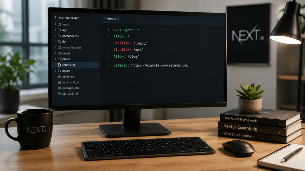 Photorealistic developer workspace showing a Next.js project with a robots.txt file open in the code editor, illustrating robots.txt configuration for a Next.js website.