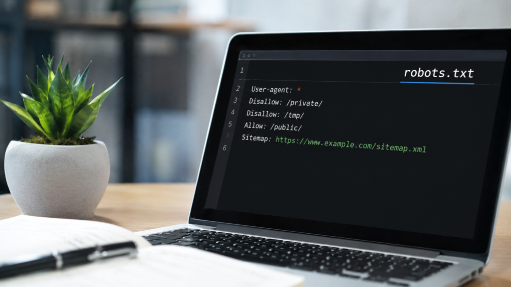 Close-up of a laptop displaying a robots.txt file in a code editor, illustrating how website owners control search engine crawler access for SEO.