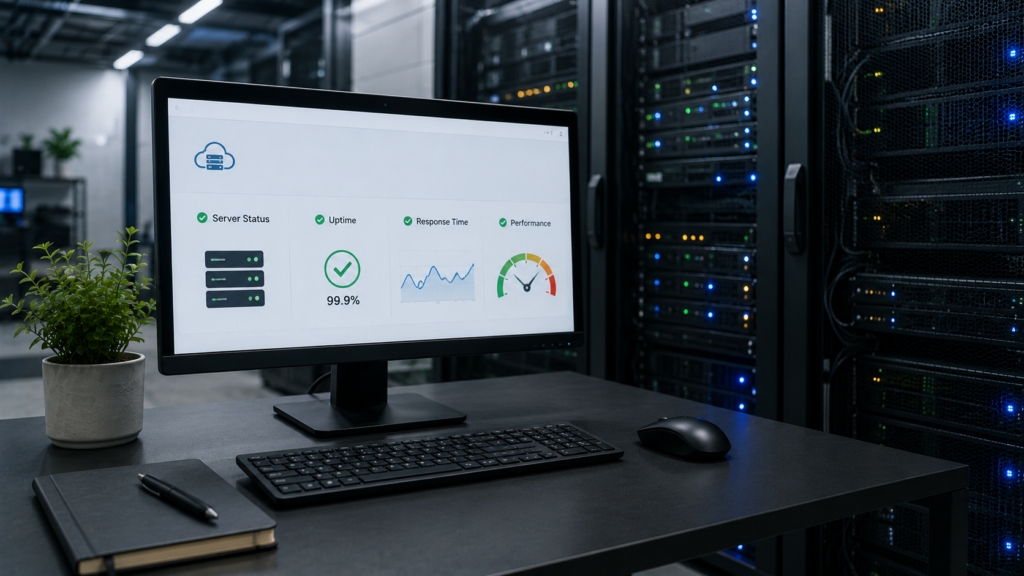 Realistic server room with hosting infrastructure and a workstation displaying website performance metrics, illustrating how hosting and servers influence website speed, uptime, and SEO performance.