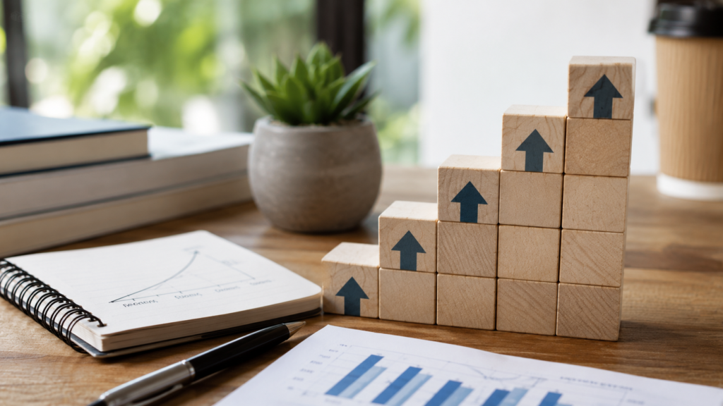 Realistic office desk with ascending wooden blocks, performance charts, and planning notebook illustrating a long-term business strategy scaling steadily over time.