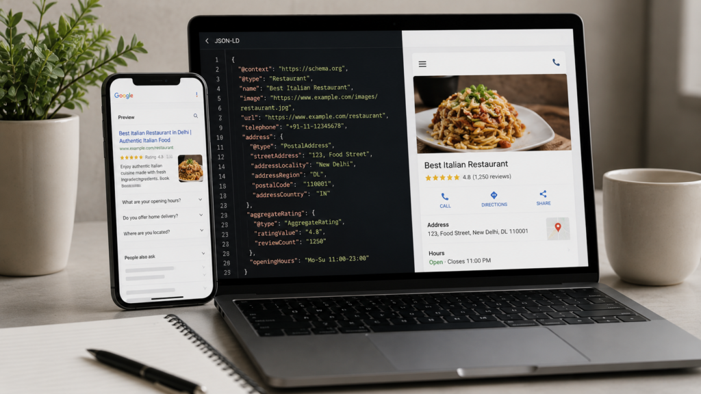 Realistic workspace featuring a laptop with structured schema markup and a smartphone displaying a mobile-friendly search result, illustrating schema implementation and mobile optimization for improved SEO performance.