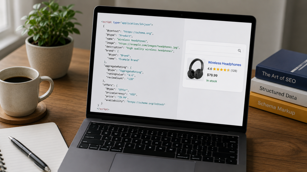 Laptop displaying schema markup code and structured data with a rich search result preview in a modern workspace, illustrating structured signals for SEO.