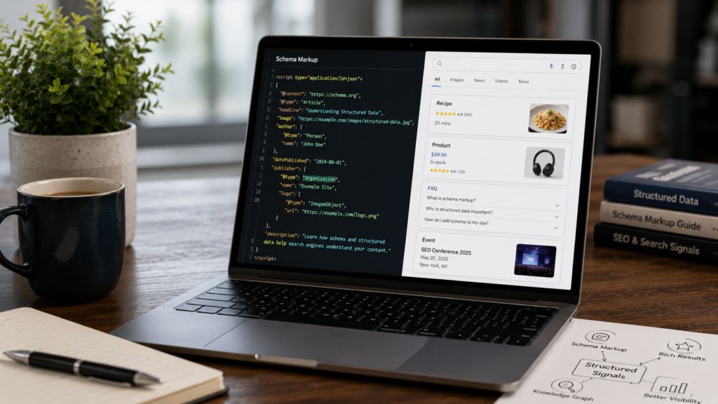 Realistic workspace displaying schema markup code alongside structured search results, illustrating how structured signals help search engines understand website content and improve SEO.