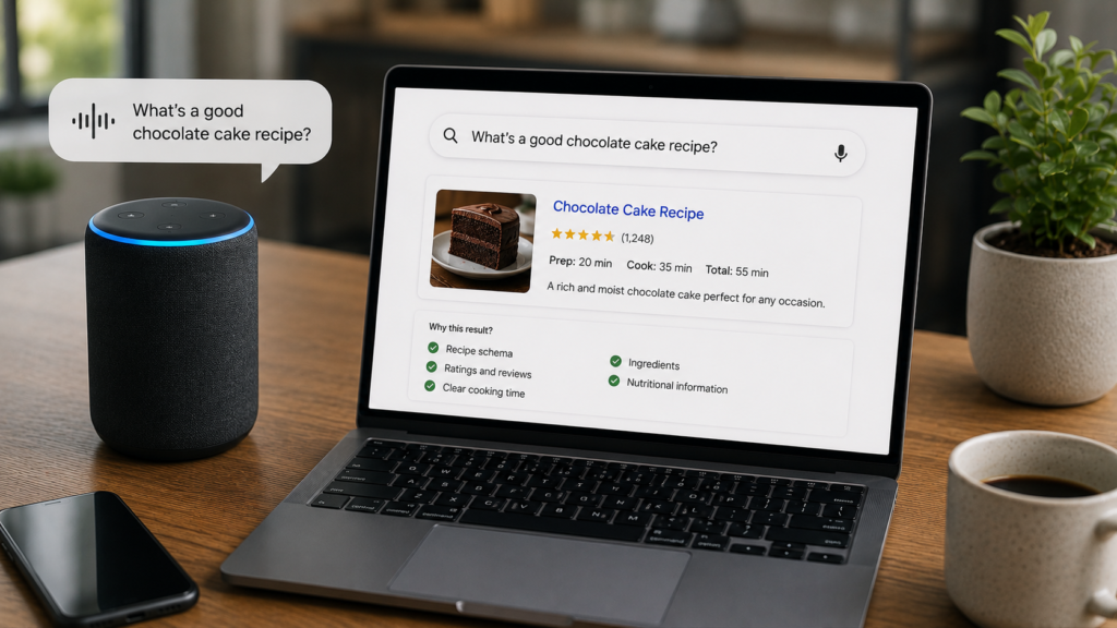 Realistic workspace featuring a smart speaker beside a laptop displaying structured data and a voice search result, illustrating how schema markup helps websites appear in voice search responses and rich results.