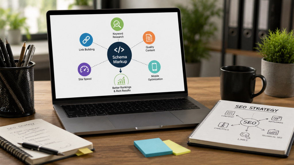 Realistic SEO workspace illustrating schema markup as part of a broader SEO strategy with content optimization, keyword research, technical SEO, and link building.
