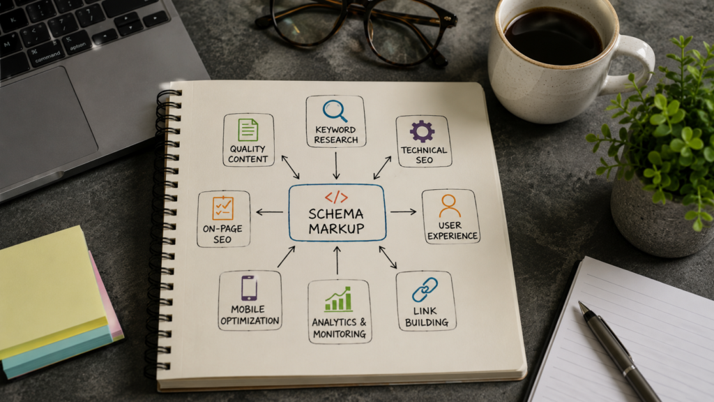 Realistic top-down workspace showing schema markup connected with keyword research, technical SEO, content optimization, user experience, analytics, and link building as part of a complete SEO strategy.