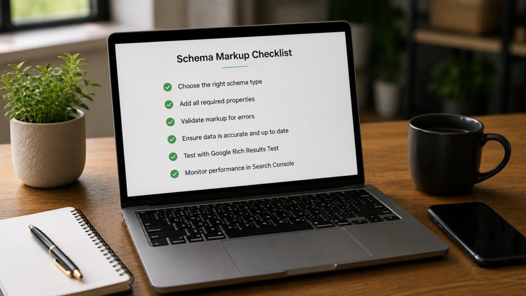 Realistic workspace with a laptop displaying a schema markup checklist, highlighting structured data validation, required properties, rich results testing, and SEO best practices for implementation.