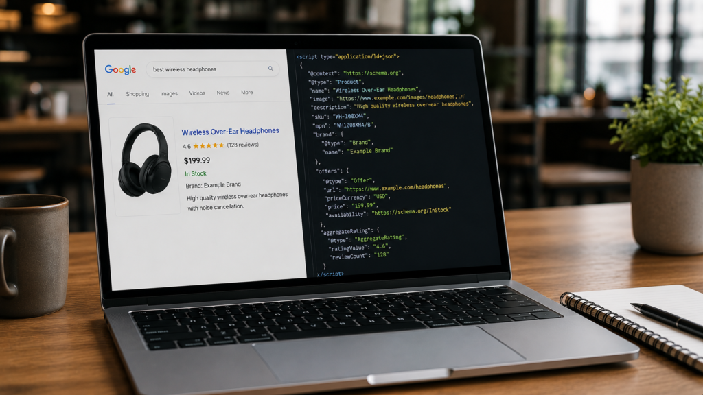 Photorealistic workspace with a laptop displaying a webpage beside JSON-LD Schema Markup, illustrating a step-by-step schema markup implementation from webpage content to structured data and enhanced search results
