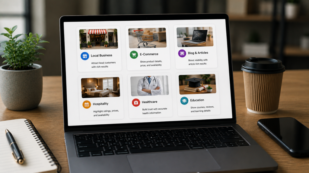Realistic laptop displaying schema markup examples for local business, eCommerce, blog, hospitality, healthcare, and education websites, demonstrating structured data tailored to different business types for better SEO.