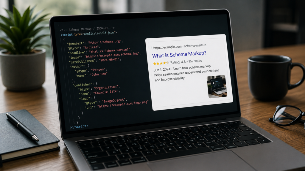 Realistic laptop displaying JSON-LD schema markup alongside a rich search result preview, illustrating how structured data improves search engine understanding and enhanced SEO visibility.
