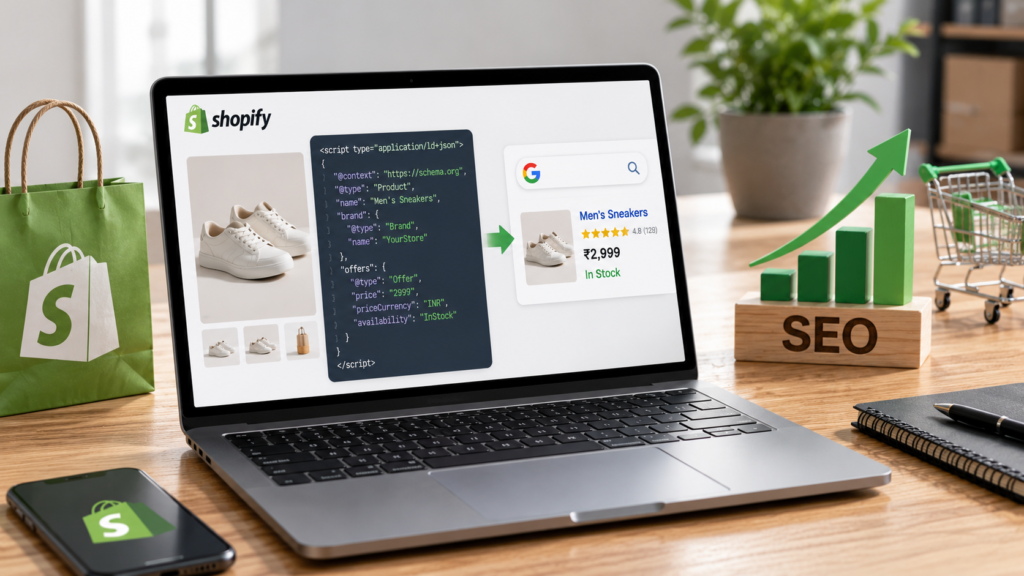 Realistic Shopify ecommerce workspace showing schema markup implementation improving product rich snippets, search visibility, and overall SEO performance.