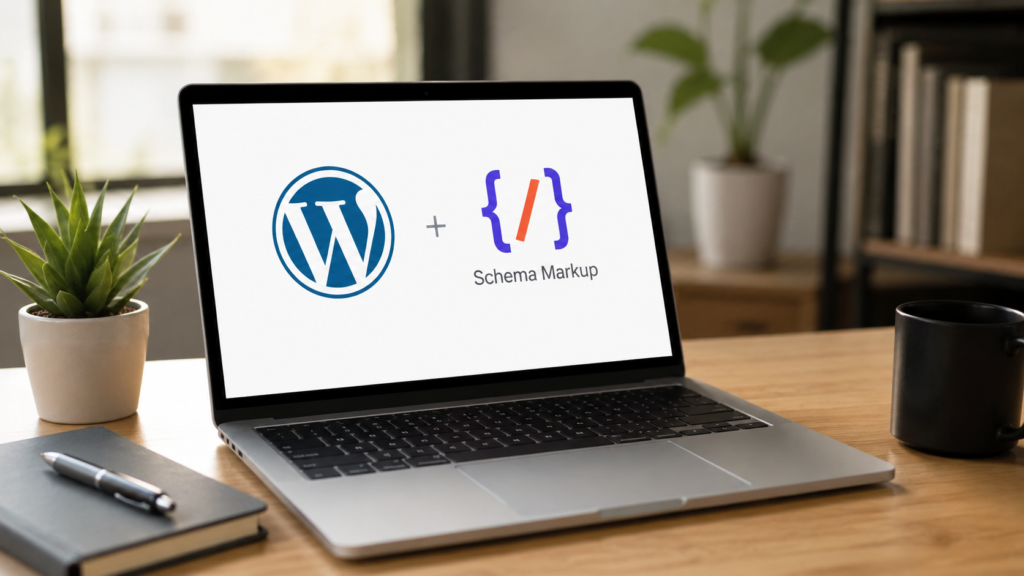 Realistic laptop displaying WordPress integrated with schema markup tools, illustrating structured data implementation for better SEO and enhanced search visibility.