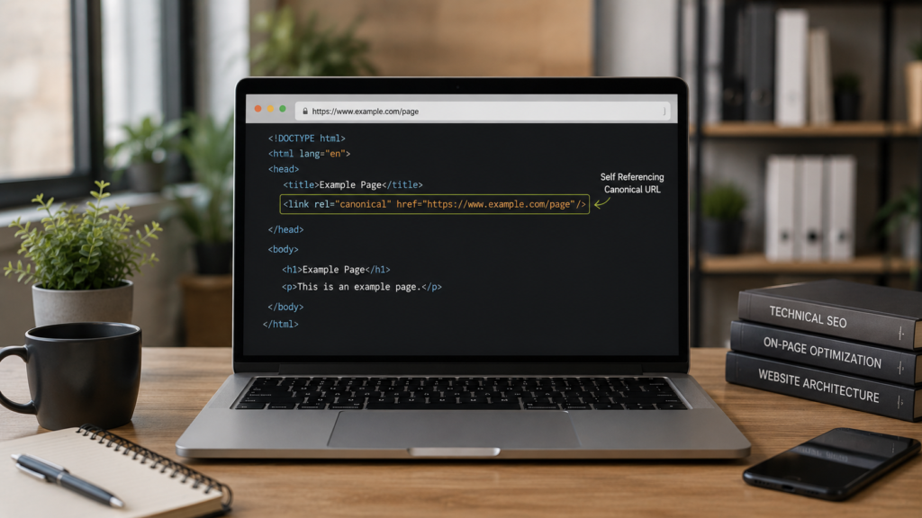 Realistic technical SEO workspace showing a self-referencing canonical URL implemented in HTML code on a laptop screen, demonstrating canonical tag best practices for search engines.