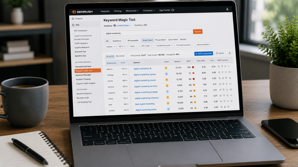 Realistic SEO workspace displaying the Semrush Keyword Magic Tool interface with keyword suggestions, search volume, keyword difficulty, CPC, competition metrics, and keyword clustering for advanced SEO research and content planning.