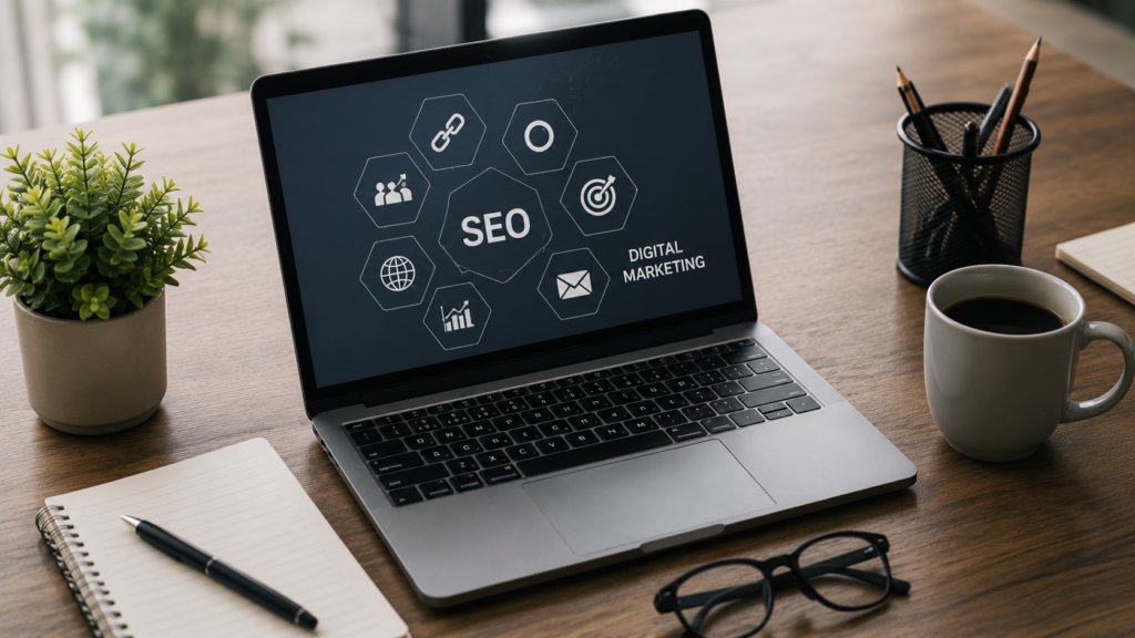 Realistic modern office workspace with a laptop displaying SEO and digital marketing icons, illustrating guest posting sites for link building, content marketing, and search engine optimization.