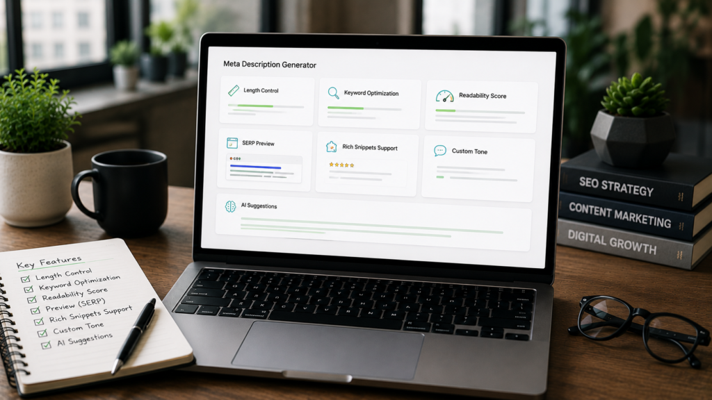 Realistic modern office workspace with a laptop displaying an SEO meta description generator dashboard featuring keyword optimization, SERP preview, readability analysis, and AI suggestions for creating effective search snippets.