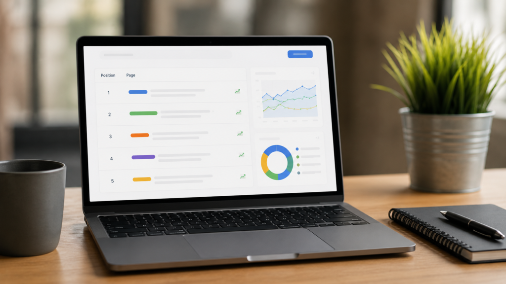 Realistic laptop displaying a SERP analysis dashboard with keyword rankings, performance charts, and search visibility metrics on a modern workspace.
